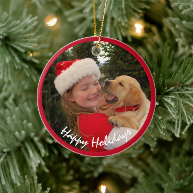 Mädchen mit neuer Welpe zu Weihnachten Keramik Ornament (Baum)
