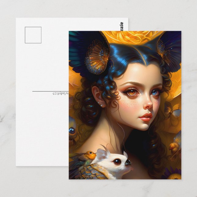 Mädchen mit niedlichen Kreaturen, Postüberquerung Postkarte (Vorne/Hinten)