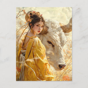 Mädchen mit Ochsen Chinesische Sternzeichen Kunst Postkarte