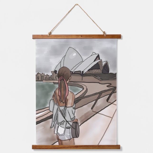 Mädchen mit Opernhaus in Sydney. Wandteppich Mit Holzrahmen (Vorderseite)