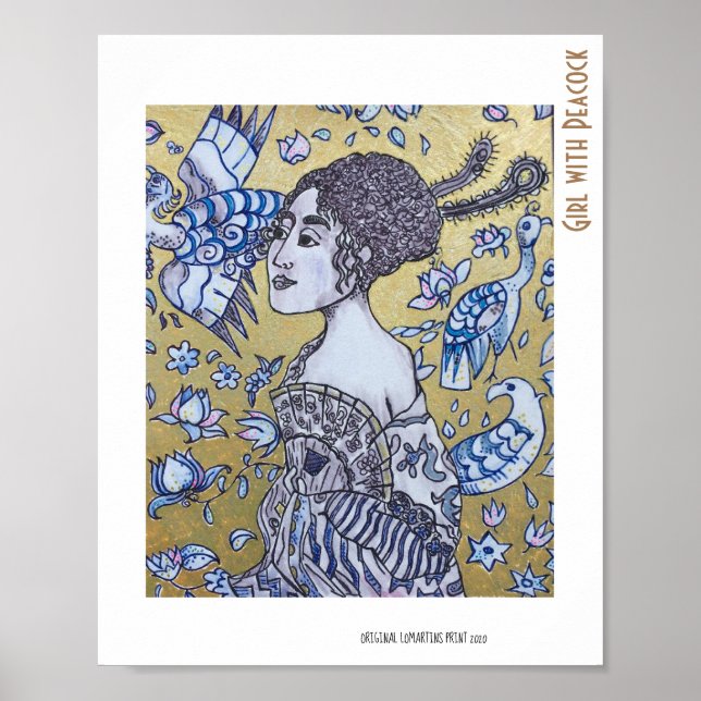 Mädchen mit Peacock golden und Tinte zeichnend Por Poster (Vorne)