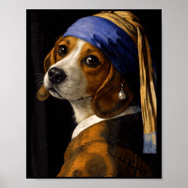 Mädchen mit Perlenohrring Beagle lustiger Hund Mem Poster (Vorne)