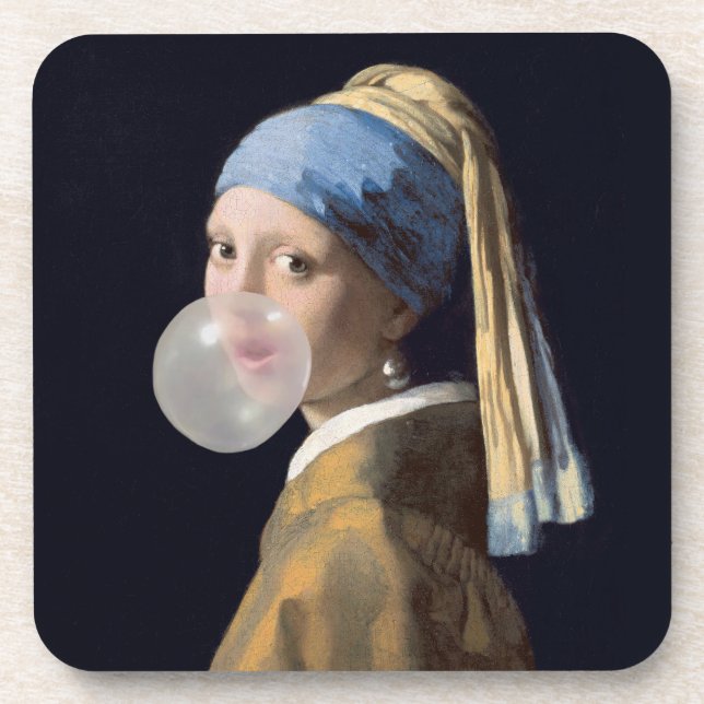 Mädchen mit Perlenohrring, die ein Kaugummi blasen Getränkeuntersetzer (Vorderseite)