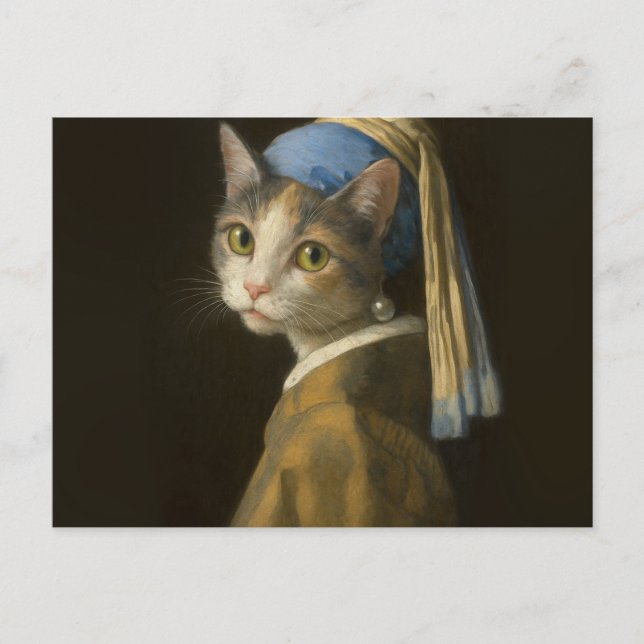 Mädchen mit Perlenohrring Katze Postkarte (Vorderseite)