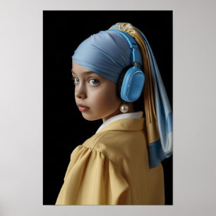 Mädchen mit Perlenohrring und blauen Kopfhörer Aut Poster