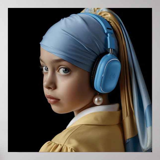 Mädchen mit Perlenohrring und blauen Kopfhörer Aut Poster (Vorne)