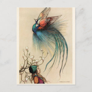 Mädchen mit Pfau Vintage-Gemälde Postkarte