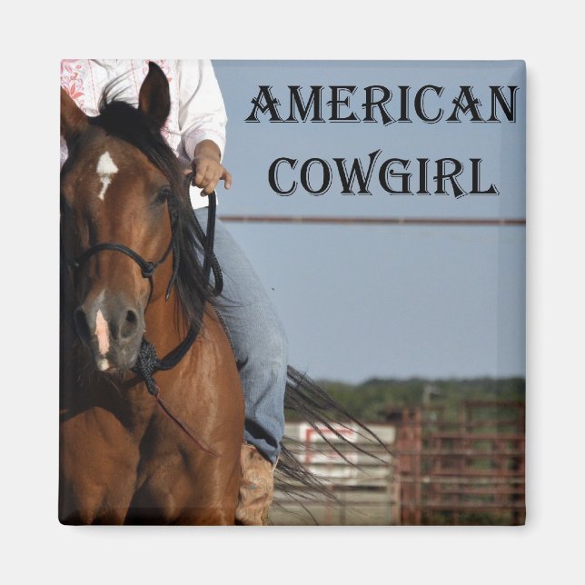 Mädchen mit Pferd "American Cowgirl" Square Magnet (Vorne)