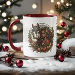 Mädchen mit Pferd und Kranz Weihnachten Tasse