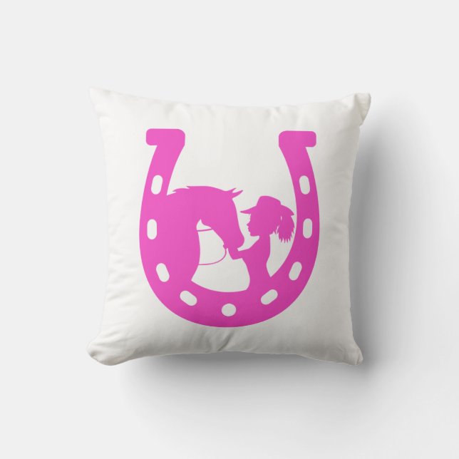 Mädchen mit Pferd und Western-Hut Hot Pink Horsesh Kissen (Vorderseite)