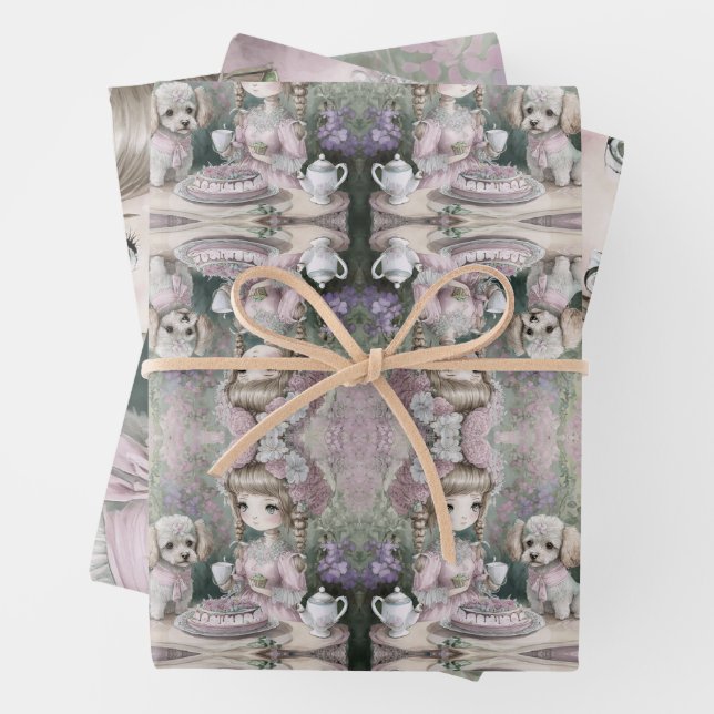 Mädchen mit Poodle- und Katzenfreunden Geschenkpapier Set (Beispiel)