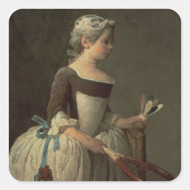 Mädchen mit Racket und Shuttlecock Quadratischer Aufkleber (Vorderseite)