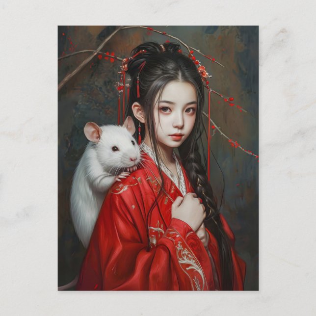 Mädchen mit Rat Chinesisch Zodiac Art Postkarte (Vorderseite)