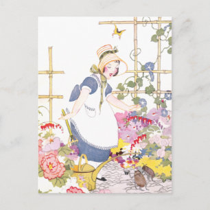 Mädchen mit Rechen und Gießkanne im Blumengarten Postkarte
