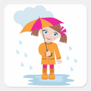 Mädchen mit Regenschirm im Regen Kinder Regentag Quadratischer Aufkleber