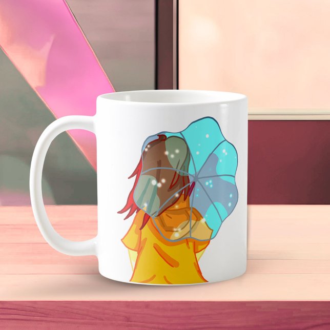 Mädchen mit Regenschirm in Wind Zeichnend Kaffeetasse (Von Creator hochgeladen)