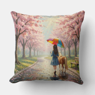 Mädchen mit Regenschirm und Pony im Park Wurfkisse Kissen
