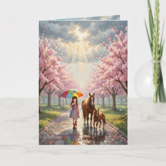 Mädchen mit Regenschirm und Pony im regnerischen P Karte