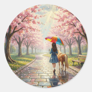 Mädchen mit Regenschirm und Pony im regnerischen P Runder Aufkleber