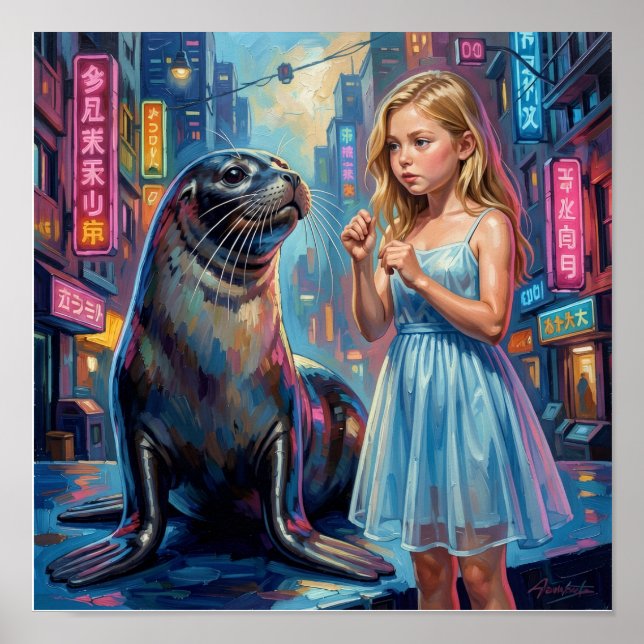 Mädchen mit Robbe im hyperrealistischen Neo-Impres Poster (Vorne)