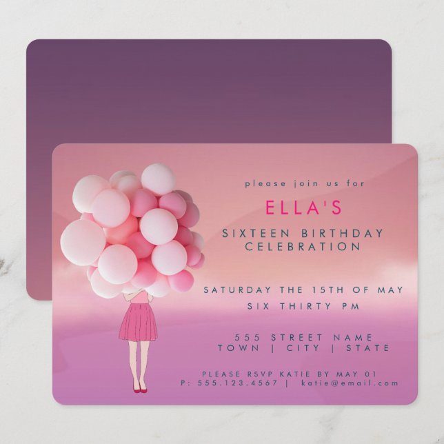Mädchen mit rosa Balloons| Party Einladung (Vorne/Hinten)
