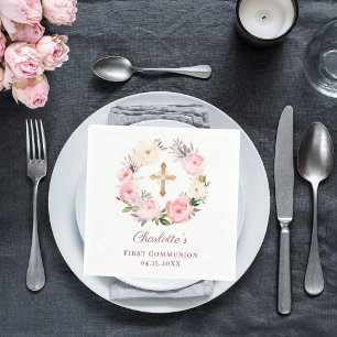 Mädchen mit rosa floralem Kranz zur Erstkommunion- Serviette