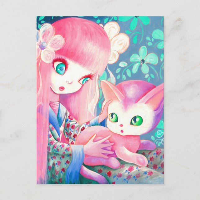Mädchen mit rosa Haar in Kimono mit Kawaii Katze Postkarte (Vorderseite)