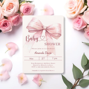 Mädchen mit rosa Schleife Beige Creme Baby Shower Einladung