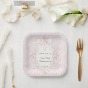 Mädchen mit rosa Schleife zur Erstkommunion Pappteller