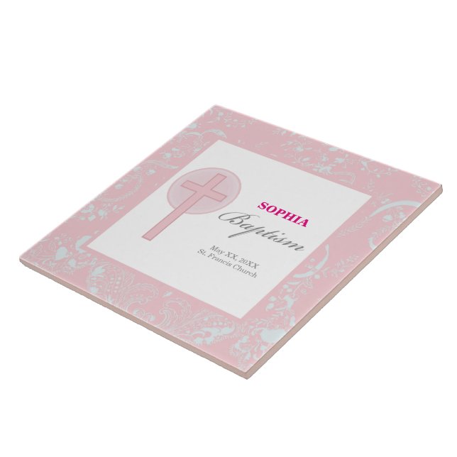 Mädchen mit rosa Spitze Taufe Fliese (Seite)