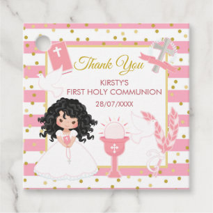 Mädchen mit rosa Streifen und schwarzen Haaren bei Geschenkanhänger