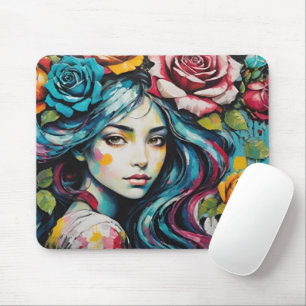 Mädchen mit Rose im Wasserfarbenstil ihres Haars Mousepad