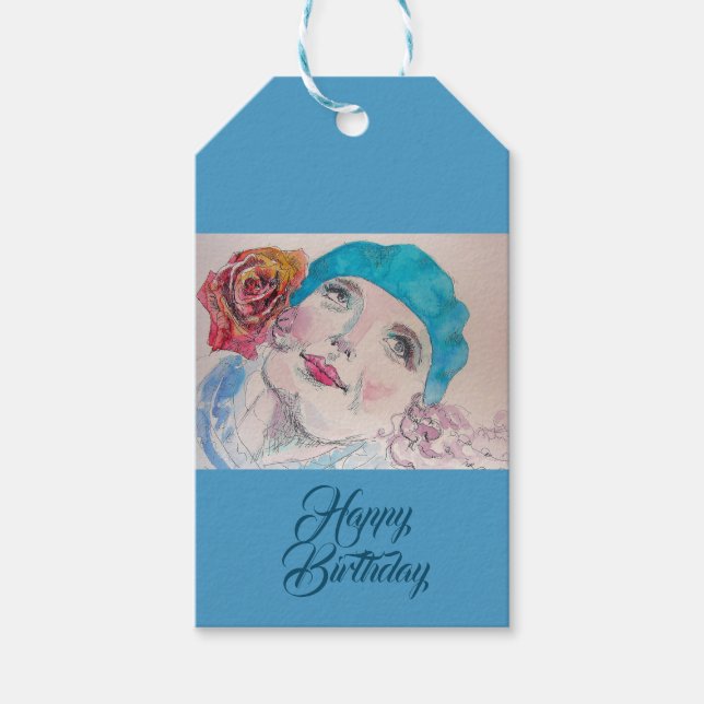 Mädchen mit Rote Rose Beret treu sein Geschenkmark Geschenkanhänger (Vorderseite)
