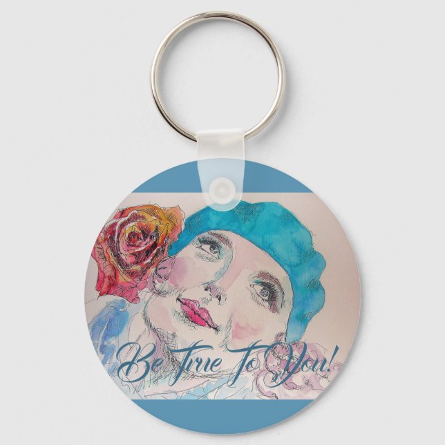 Mädchen mit Rote Rose Beret True Button Key Ring Schlüsselanhänger (Vorderseite)