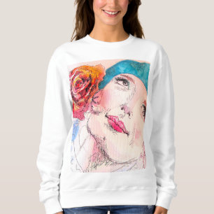 Mädchen mit Rote Rose Beret Wasserfarbe Girl Rosa Sweatshirt