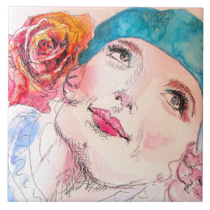 Mädchen mit Rote Rose Beret Wasserfarbe Magnetkart Fliese