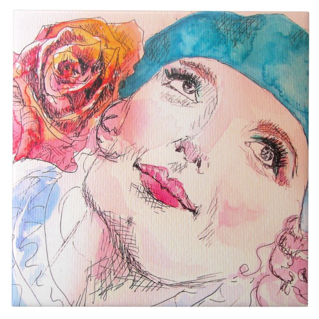 Mädchen mit Rote Rose Beret Wasserfarbe Magnetkart Fliese (Vorderseite)