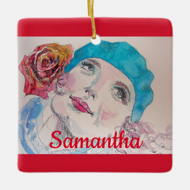 Mädchen mit Rote Rose Beret Wasserfarbene Girl Keramikornament (Vorderseite)