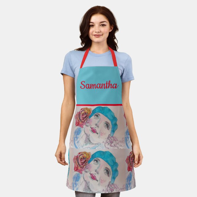 Mädchen mit Rote Rose Wasserfarbene Beret Aquamari Schürze (Getragen)