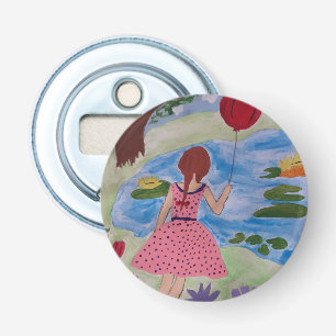 Mädchen mit rotem Ballon Button Flaschenöffner