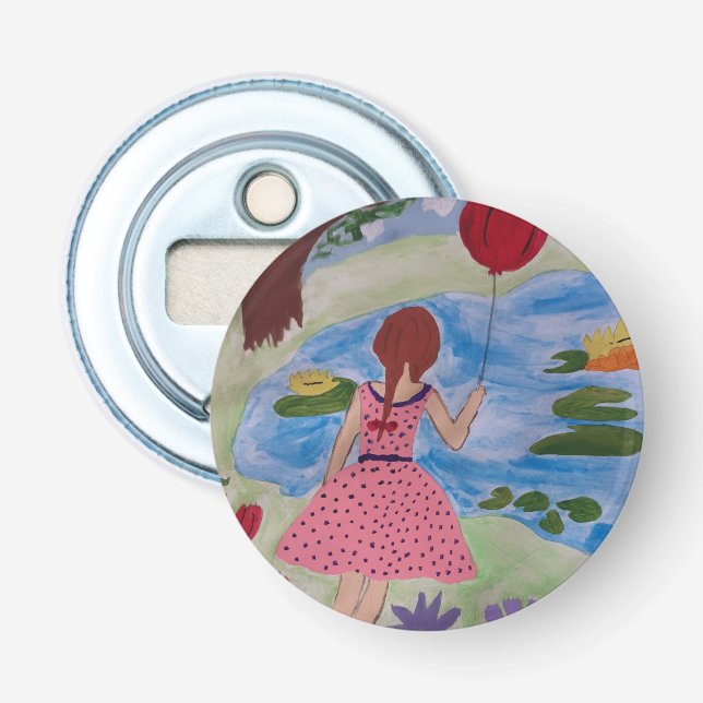 Mädchen mit rotem Ballon Button Flaschenöffner (Vorderseite)