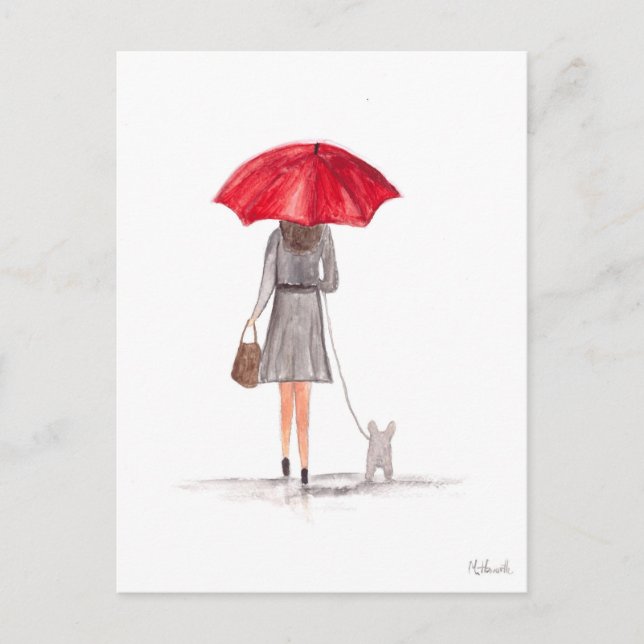Mädchen mit rotem Regenschirm feminin Girl Wasserf Postkarte (Vorderseite)