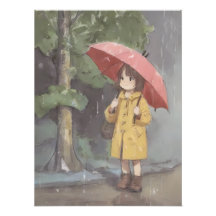 Mädchen mit rotem Regenschirm im regnerischen Wald