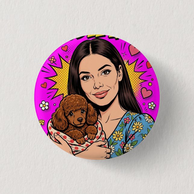 Mädchen mit rotem Spielzeug-Pudel Button (Vorderseite)