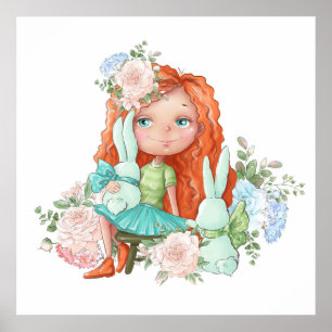 Mädchen mit roten Haaren und Hasen Blumen Poster