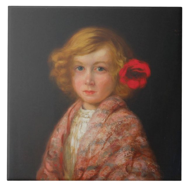 Mädchen mit roter Blume im Haar Fliese (Vorderseite)
