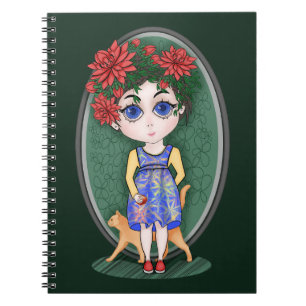 Mädchen mit roter Katze und Apfel. Chibi Style. Notizblock