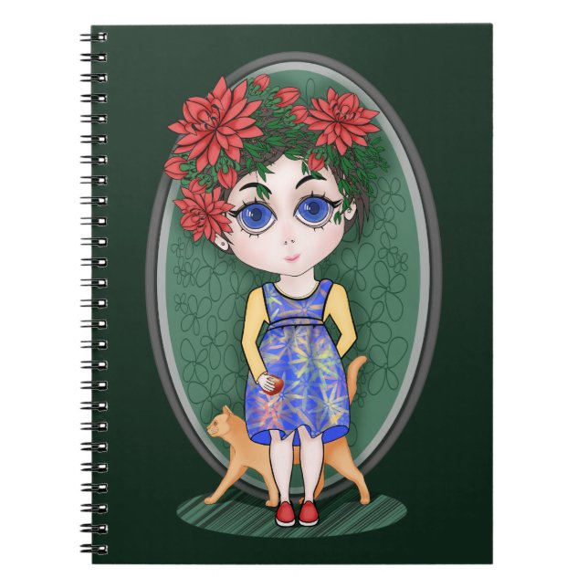 Mädchen mit roter Katze und Apfel. Chibi Style. Notizblock (Vorderseite)