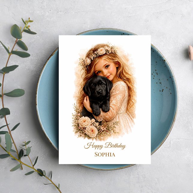 Mädchen mit schwarzem Labrador-Welpen Karte (Von Creator hochgeladen)