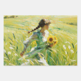 Mädchen mit Sonnenblumen auf einem sommerlichen Fe Geschenkpapier Set